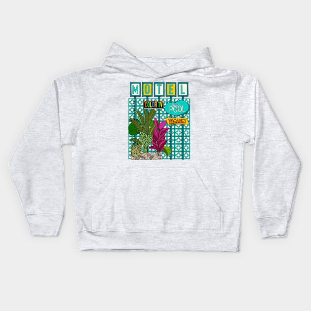 Breeze Block Motel Sign with Plants Kids Hoodie by jenblove